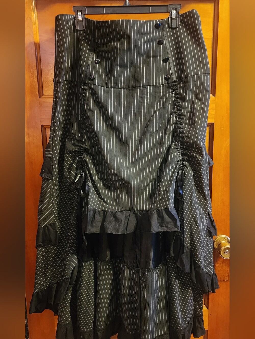 Black Pinstripe High-Low Ruffled Skirt